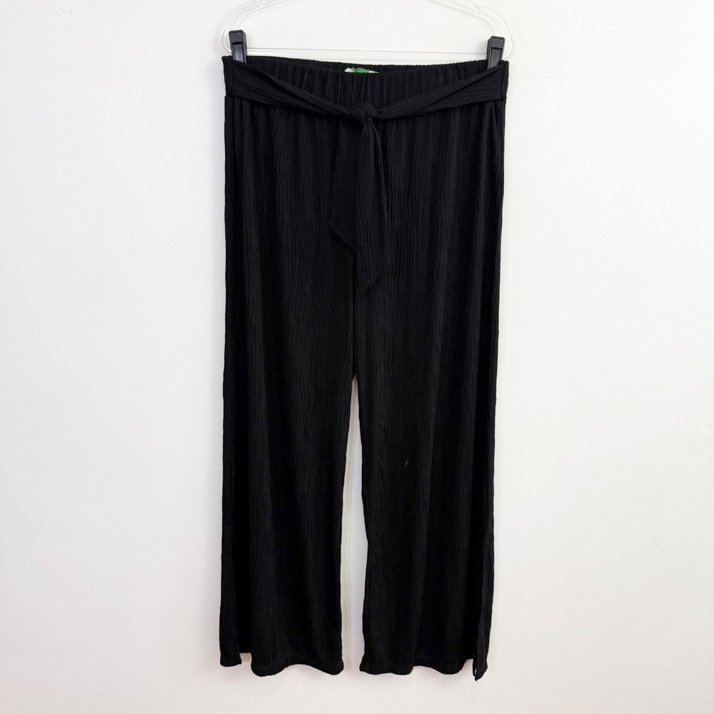 Anthropologie Black Crinkle‎ Knit Wide Leg Tie Waist Pull-On Pants XL